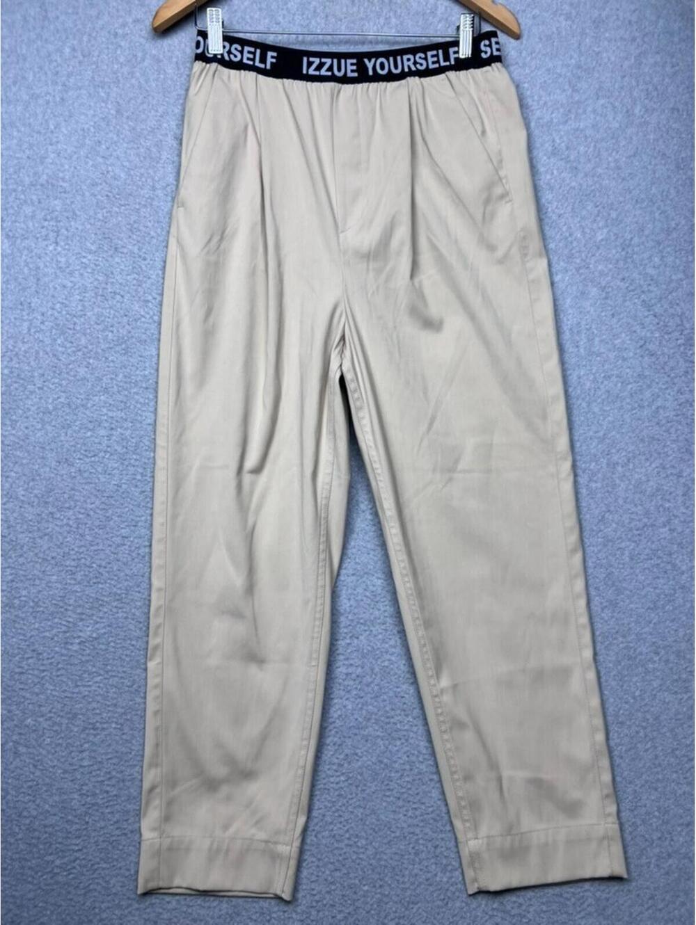 IZZUE Yourself Khaki Pleated Trousers Logo Waistband Tapered Pants Womens 29 In